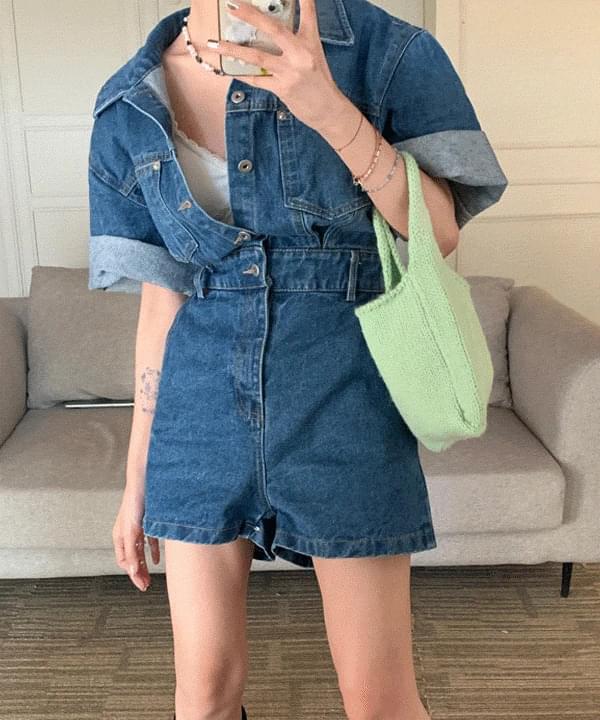 Heavy Roll-Up Short Sleeve Denim Jumpsuit
