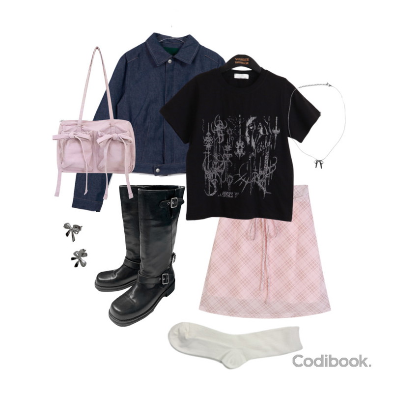 DAILYJOU 클론 베이직 골지 삭스,binary01 보노 크롭 데님자켓,AWAB mini ribbon earrings -2color등을 매치한 코디