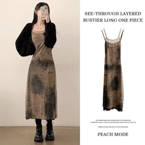 Tero see-through dyed mesh layered bustier sleeveless long Dress set