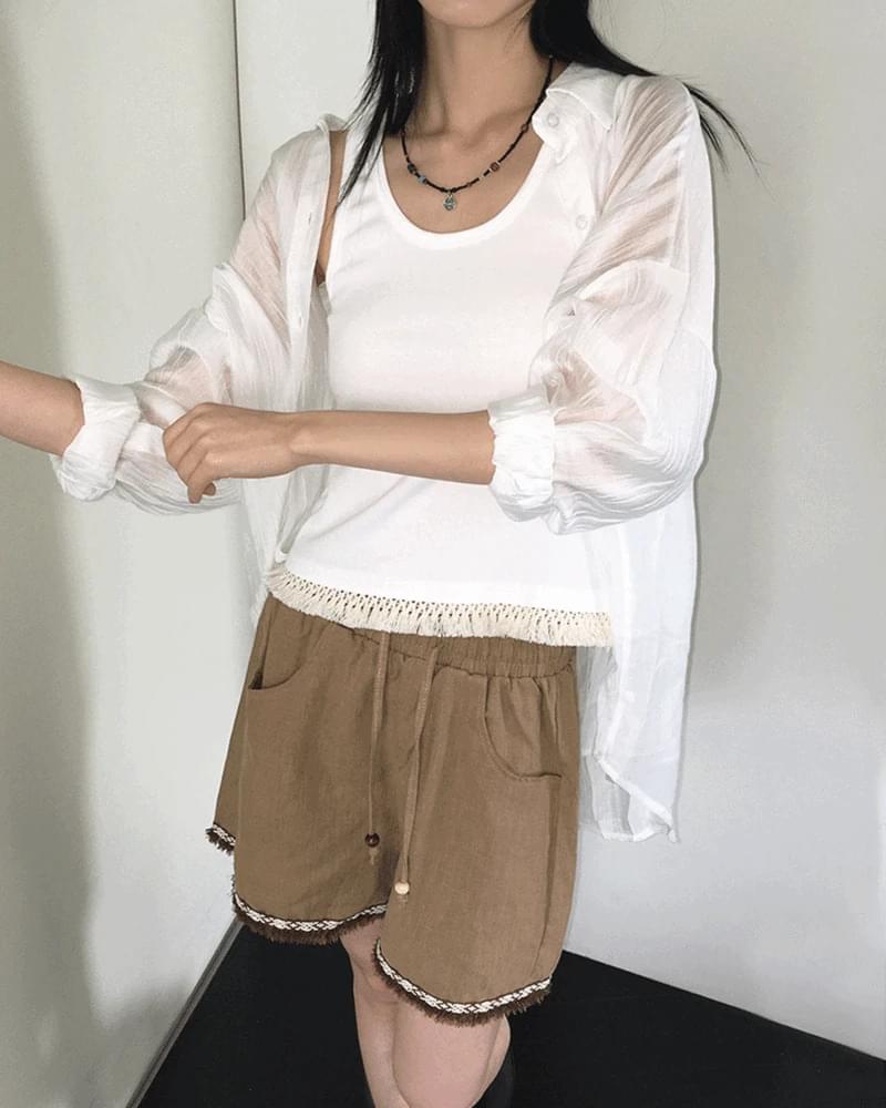 ケオンプリーツシースルーシャツシャツ