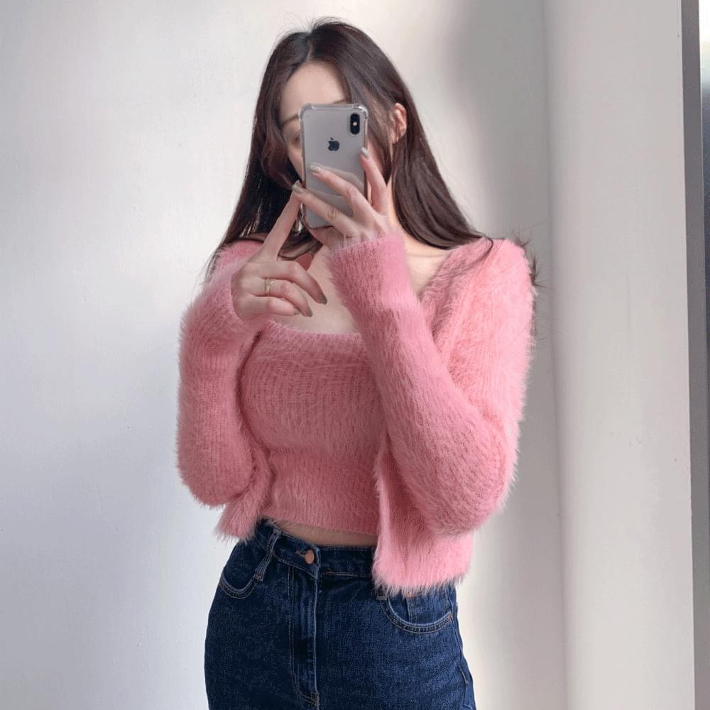 Soft Angora Wool Knitwear Mink Fake Fur Crop Cardigan Sleeveless Set Sora Pink Ivory Black