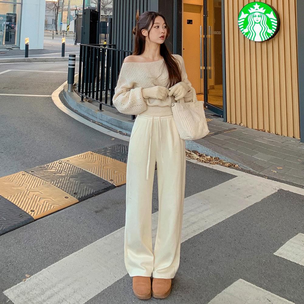 High waist banding Ribbed long Knitwear training pants winter sweatpants daily easy wear one mile look 5col