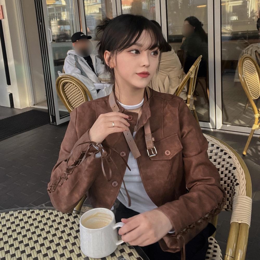 Suede Cropped Leather Jacket Belt Strap Biker Rider Leather Jacket Bolero China Neck Bomber Blouson Unique Hip 2COL