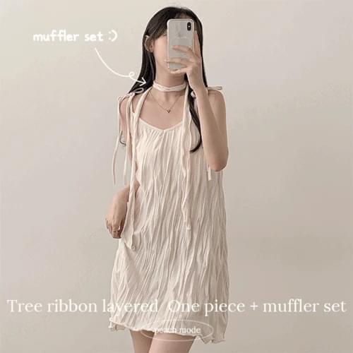 Tree pleated ribbon layered string mini Dress+ muffler set