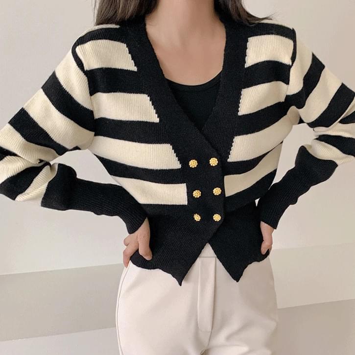 Double gold- Striped breasted V-Neck cardigan
