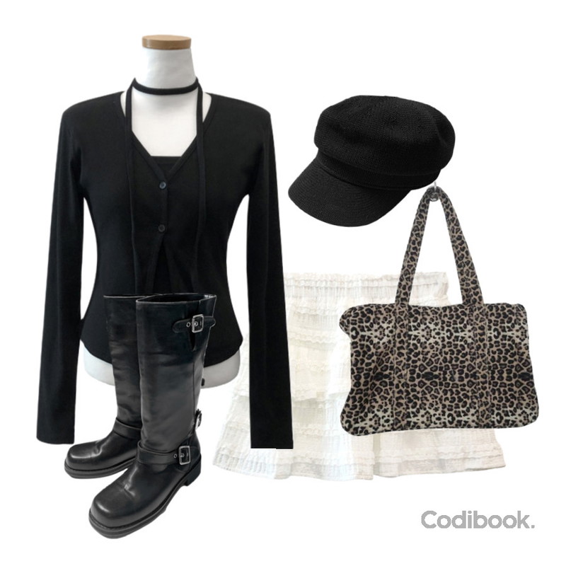 tipssy leopard shoulder bag,anyonemore 하미 투웨이 바이커 미들 부츠,anyonemore 주미 마도로스 헌팅캡등을 매치한 코디