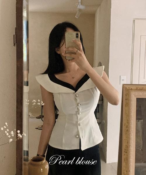 Telle color matching pearl blouse 衬衫