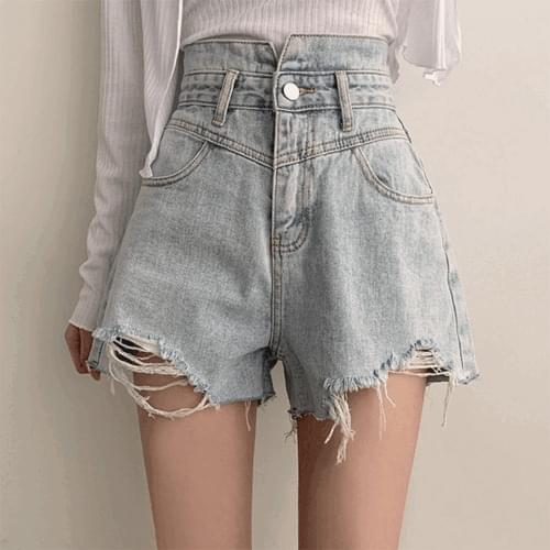 Waist narrow, high waist obi damage denim shorts