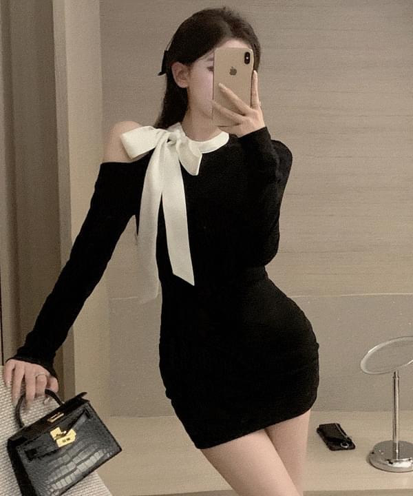 荷葉一字領綁帶針織洋裝