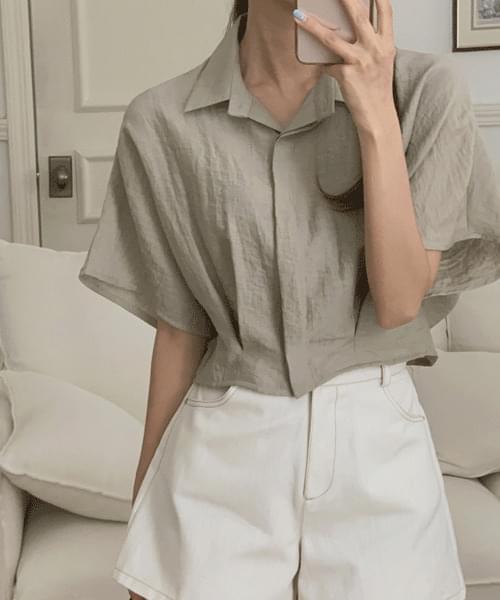 鬆身短版荷葉邊短袖綿麻襯衫