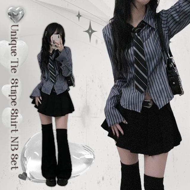 Striped Shirt-crop shirt + tie set (Ships Today)