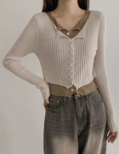Double Layered 4 Crop Ribbed Knitwear Cardigan