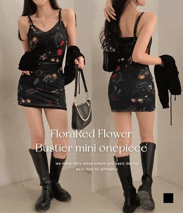 Floral Red Bustier Sleeveless Mini Dress (Ships Today)