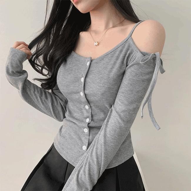 Eru ribbon string button slim fit Ribbed long sleeve cardigan