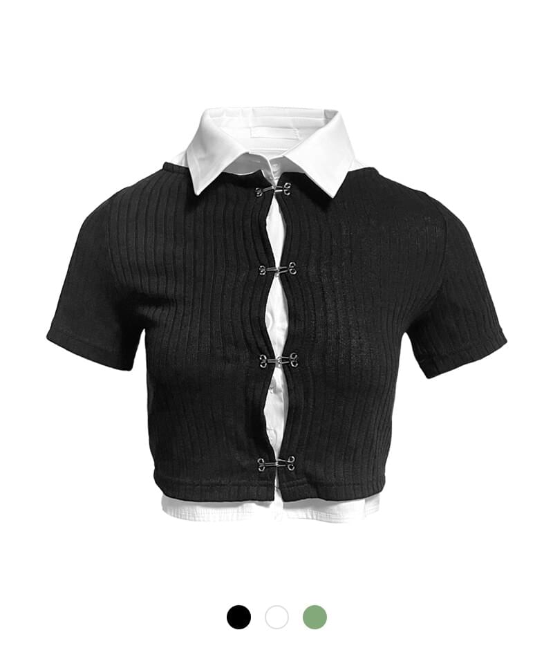 Buckle Half Cardigan & Shirt Set