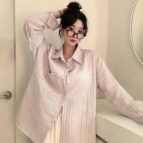 Two-tone vertical stripe overfit shirt 2color