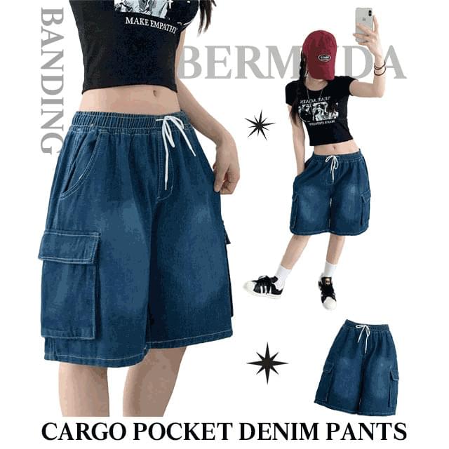 Get It Big Pocket Banding Wide Bermuda Denim Pants