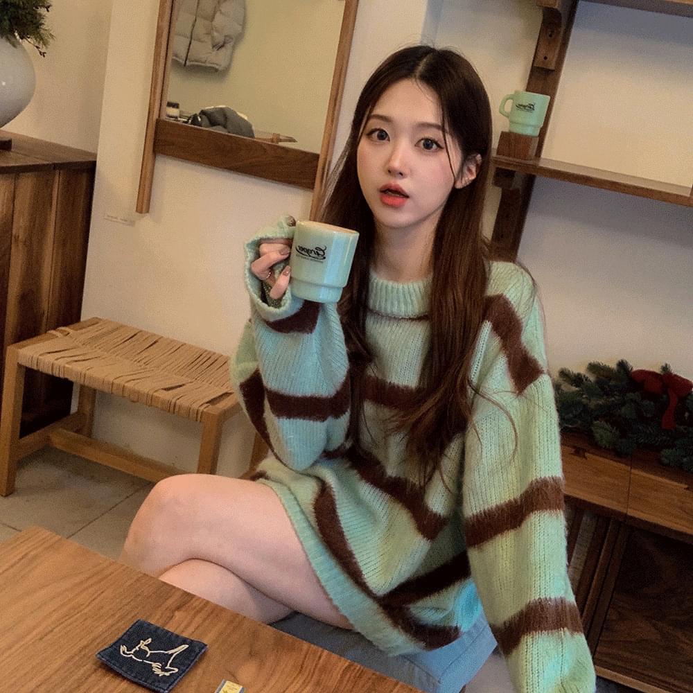 Yeori Loose-fit Striped color scheme striped Loose-fit long Knitwear Dress piece striped round neck stingray fit high teen kitsch 4col 针织衫