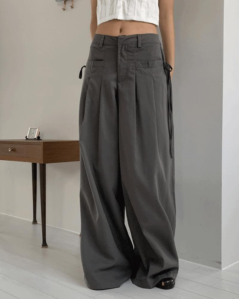 Haron Side Ribbon Strap Pintuck Long Wide Slacks (Ships Today)
