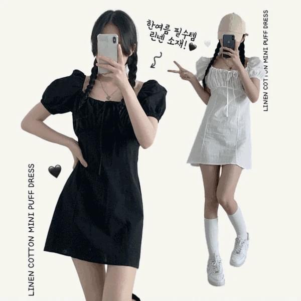 Jerry Puff Square Neck Mini Linen Dress