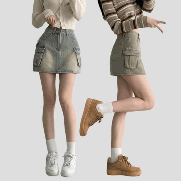 Ruko Vintage Faded Point Cargo Pocket Denim Skirt