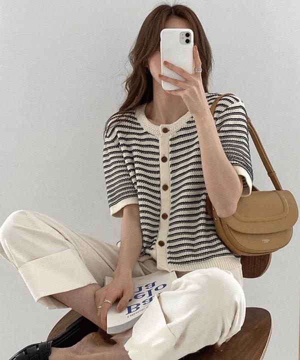 Moenne natural color Striped short-sleeved Knitwear cardigan