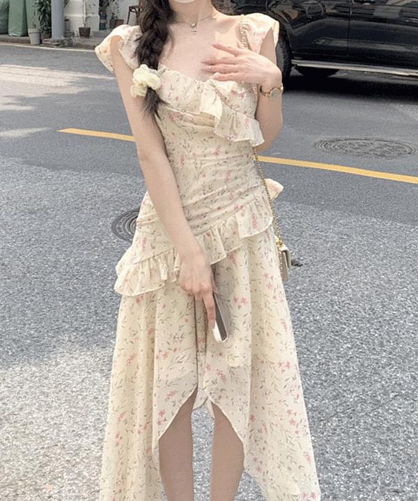 荷葉邊碎花無袖長洋裝