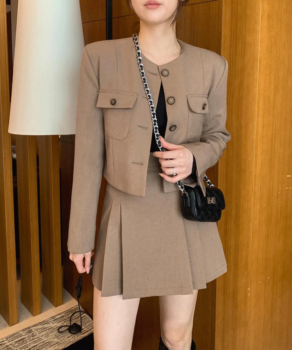 Fit Guaranteed No Collar Round Jacket Crop Long Sleeve Button Set Two-Piece Spring Fall Classic Office Look Date Look Girlfriend Look Cherry Blossom Look Flower Play Look 3COL