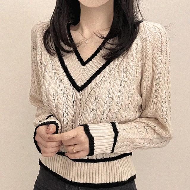 French quatrefoil rope color blocking V-Neck knitwear 4color