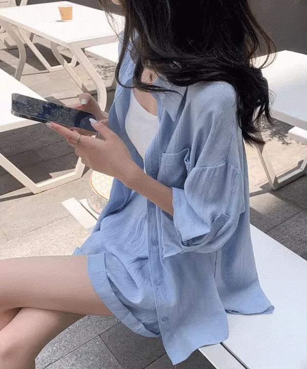 Chelian loose Loose-fit linen shirt + pin tuck short pants set