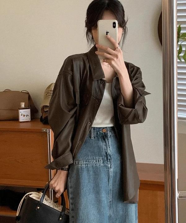 Dinion Vintage Leather Oversized Shirt Jacket