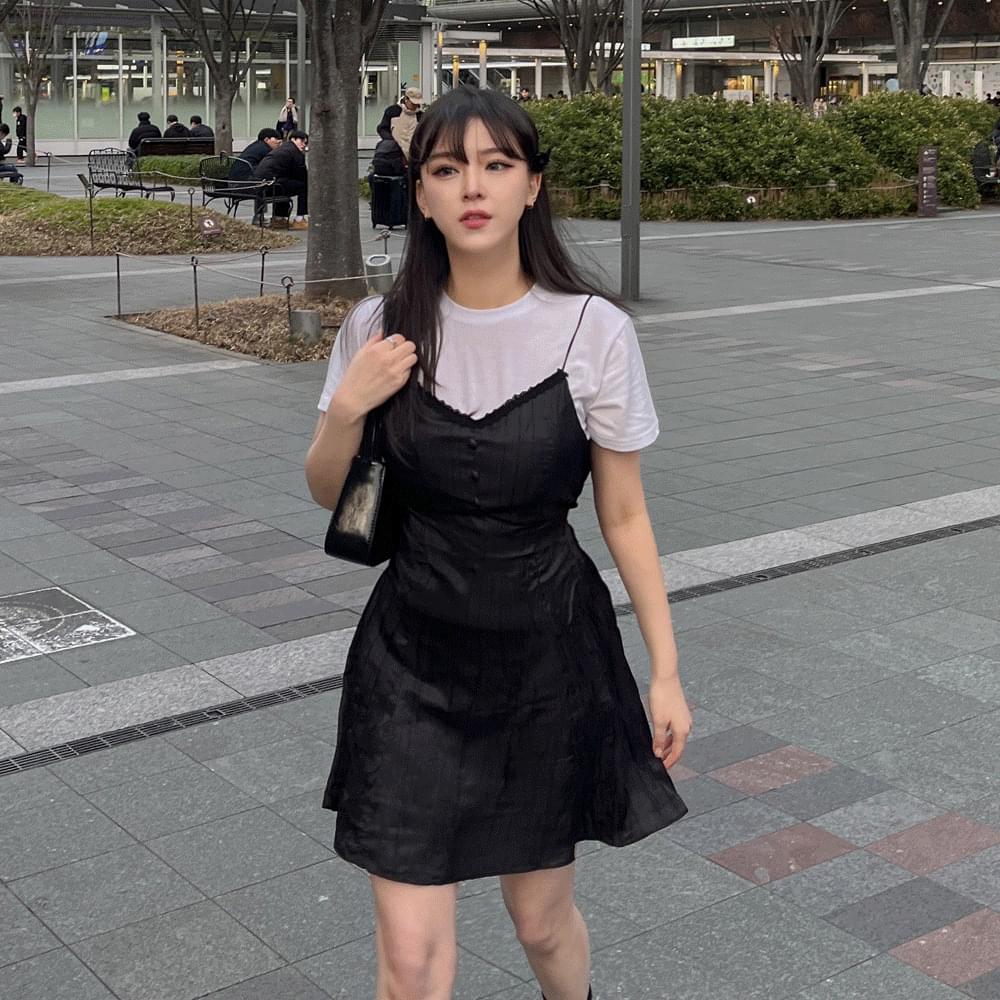 Lace strap Sleeveless mini one Dress Layered wrinkle satin satin ballet core back ribbon bustier Silky lovely date look wedding guest look vacation look resort Dress 短裙