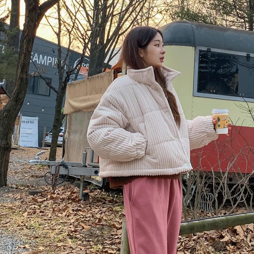 Bread and bread thread corduroy golden short padded jacket overfit hem string soft crop outerwear winter Christmas ivory dark pink light gray 3COL
