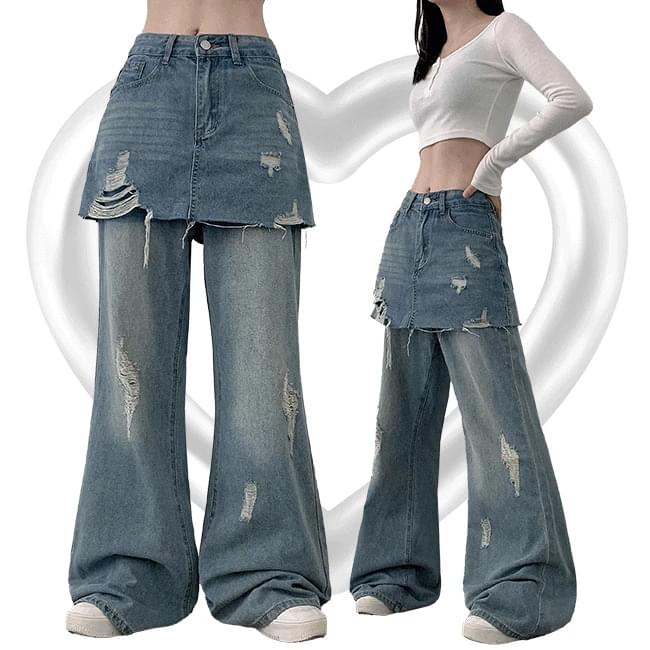 COKI HIGH WAIST DAMAGE WRAP LAYERED SKIRT Faded WIDE DENIM PANTS