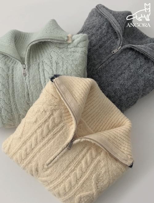 Half zip-up cable Knitwear -angora20%/3color 针织衫