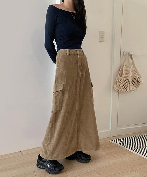 Limmons back opening cargo corduroy long skirt -3 colors