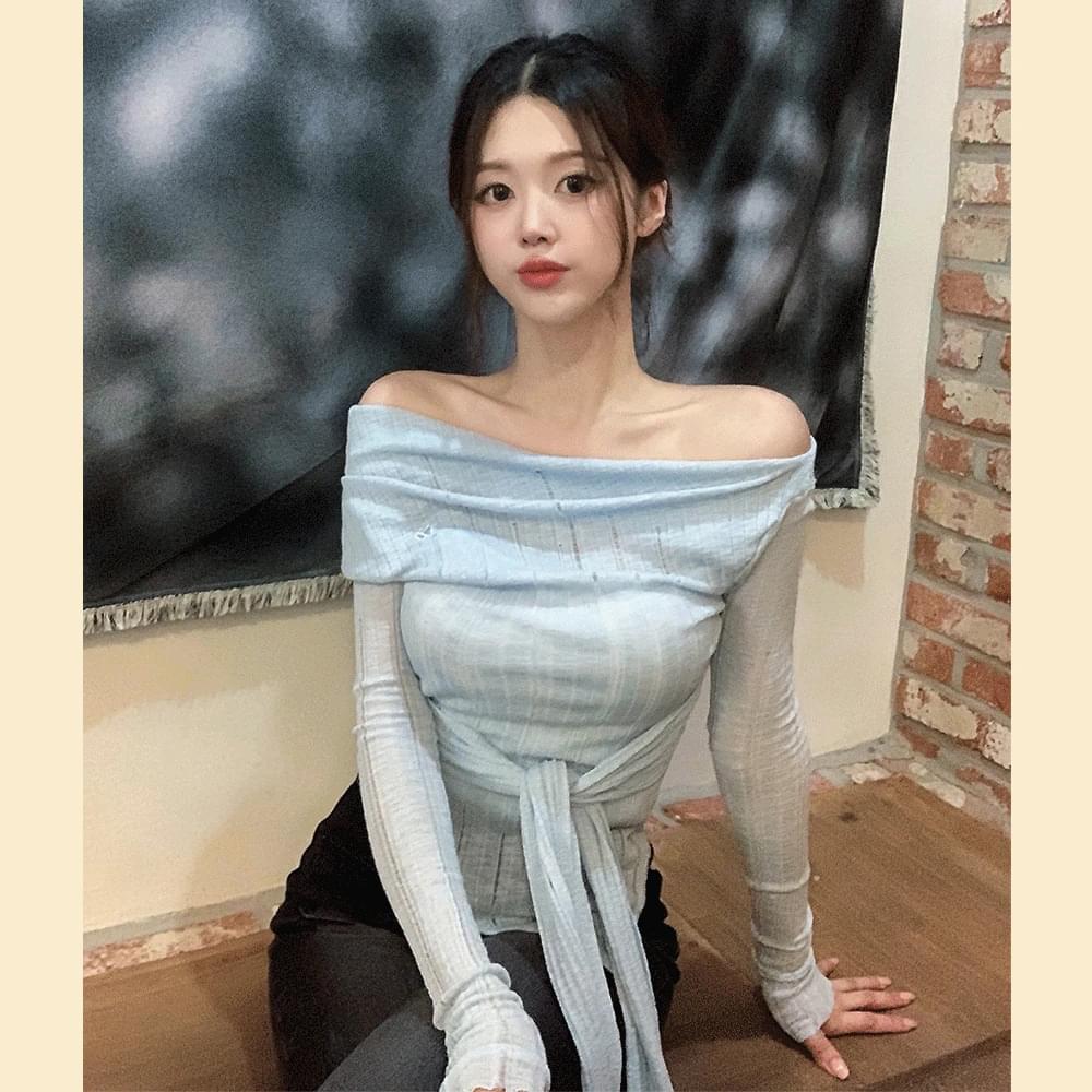 Knotted See-through Knitwear Vintage Uneven Wrap Off-Shoulder Autumn Waist Tie Long Sleeve Slim T-Strap Casual Look Daily Date Look Sora