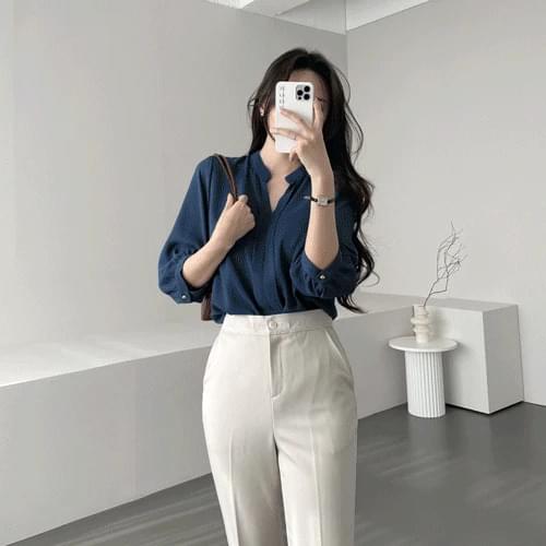 가나다란 차이나카라 단정한 셔링 오피스룩 7부 쉬폰 블라우스 4color
