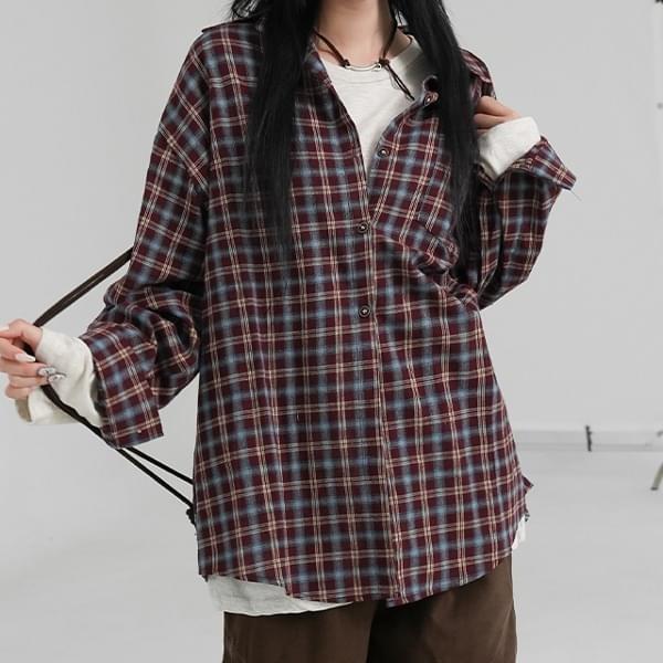鬆垮剪裁格紋長袖襯衫