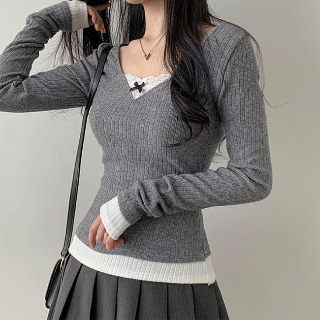 Myoying V-Neck ribbon lace layered Ribbed long-sleeved T-shirt 长袖上衣