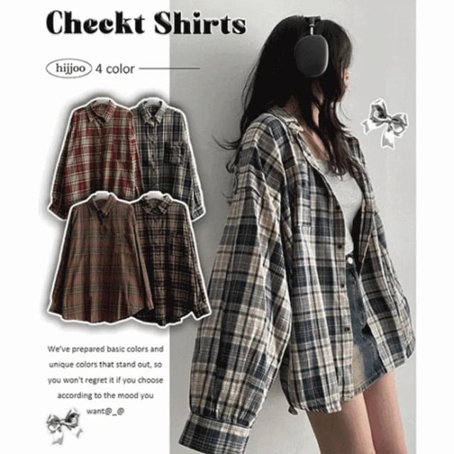 From now on, fall and spring By Choco Abang Balloon Check Over Shirt #High Quality