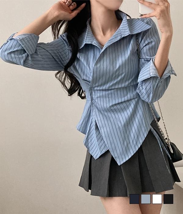 Lux diagonal button point stripe long sleeve shirt