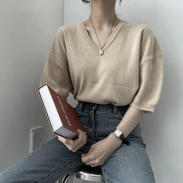 Meat Rouge V-Neck-Neck Short Sleeve Knitwear 