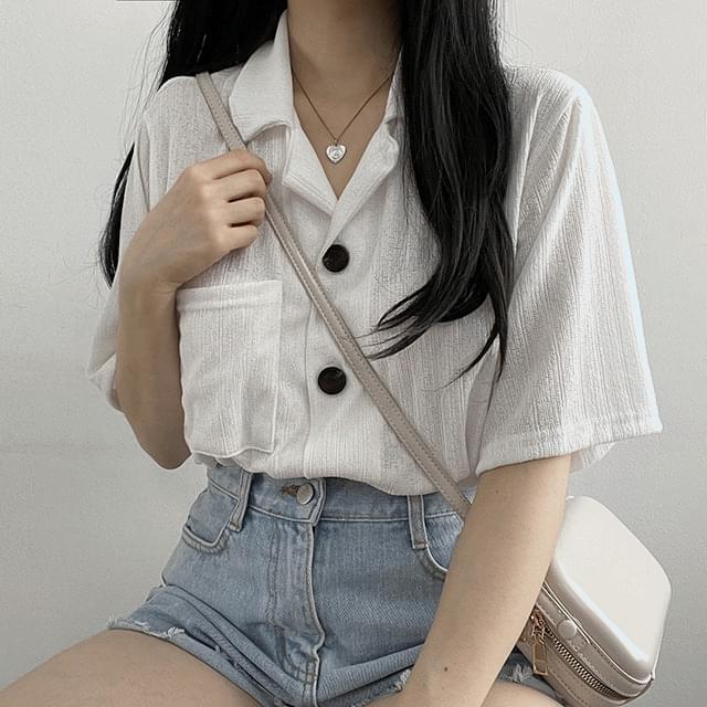 Bonnet Collar Pocket Short Sleeve Blouse