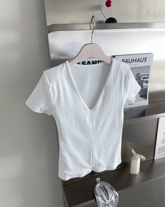 Padded V-Neck Spandex Split Slim T-shirt