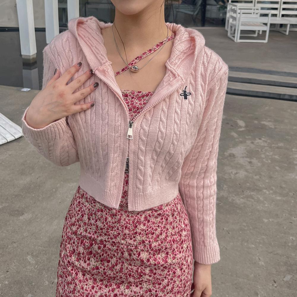 Embroidered Twisted Crop Hooded Zip-up Two-Way Knitwear Logo Fall Winter Spring Daily Zip-up Pink Turban Ivory Black