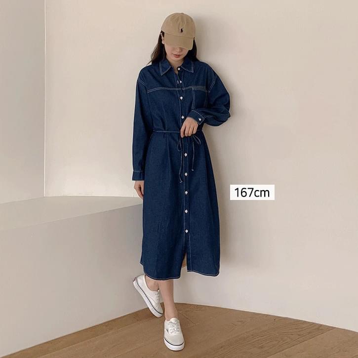 Stitch pocket denim collar long one Dress