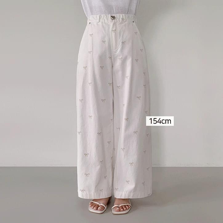 Heart and Ribbon Half Banding Wide Cotton Pants