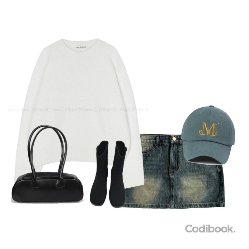 From Beginning 코튼캔디 라운드울니트(3color),ondeed 초프 올드머니 레더 바게트 볼링 숄더백,MUCENT MUCENT SIGNATURE BALL CAP (Vintage washing denim) 무센트 시그니처 볼캡 (빈티지 워싱 데님)등을 매치한 코디