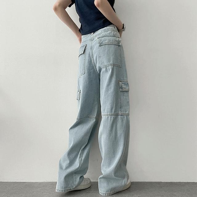 Cosline Split Denim Cargo Wide Pants High Quality